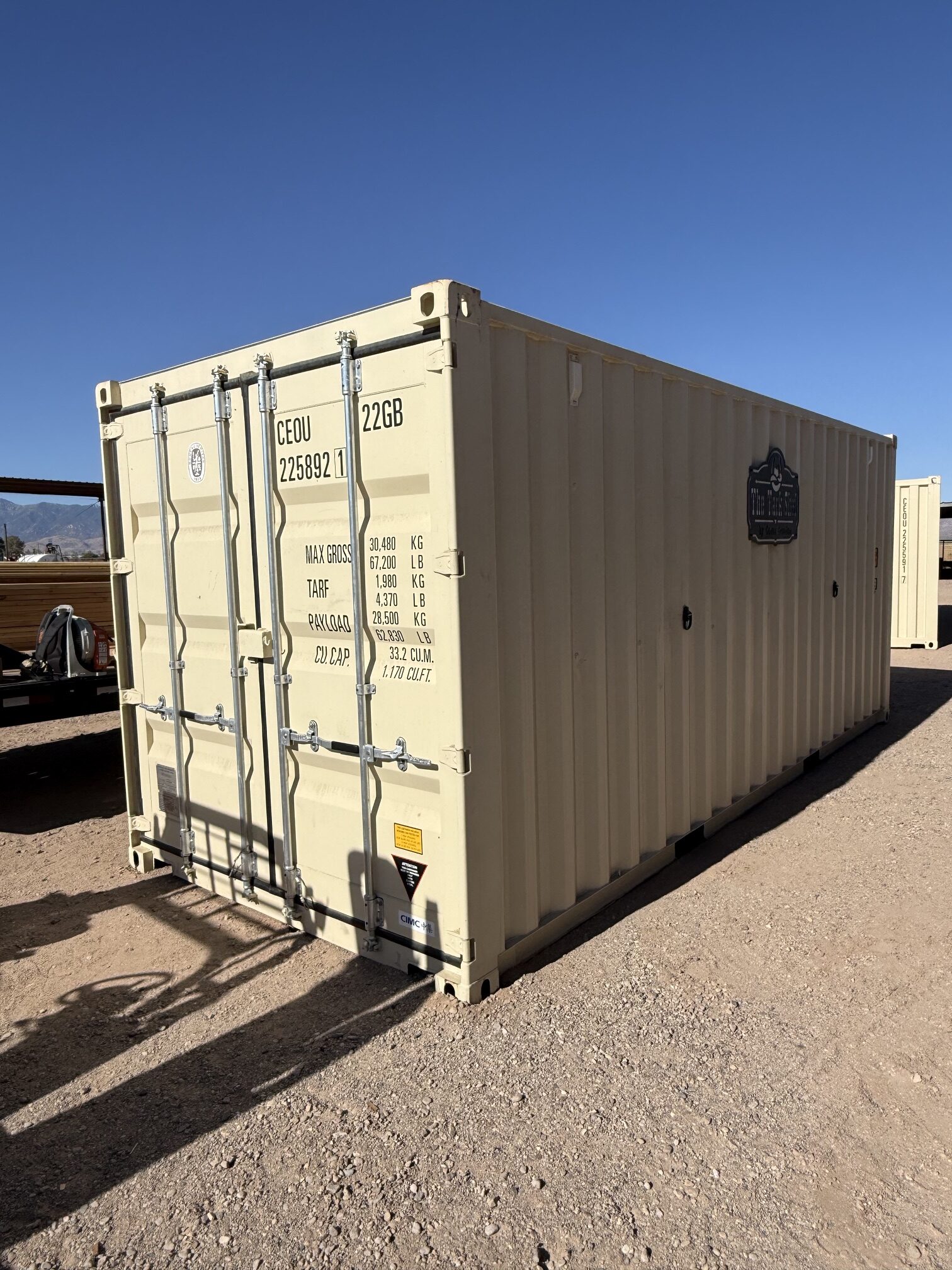 20-foot one-trip shipping container tack shed with cargo doors on a Southern Arizona ranch property, built by Conex Creation & Supply