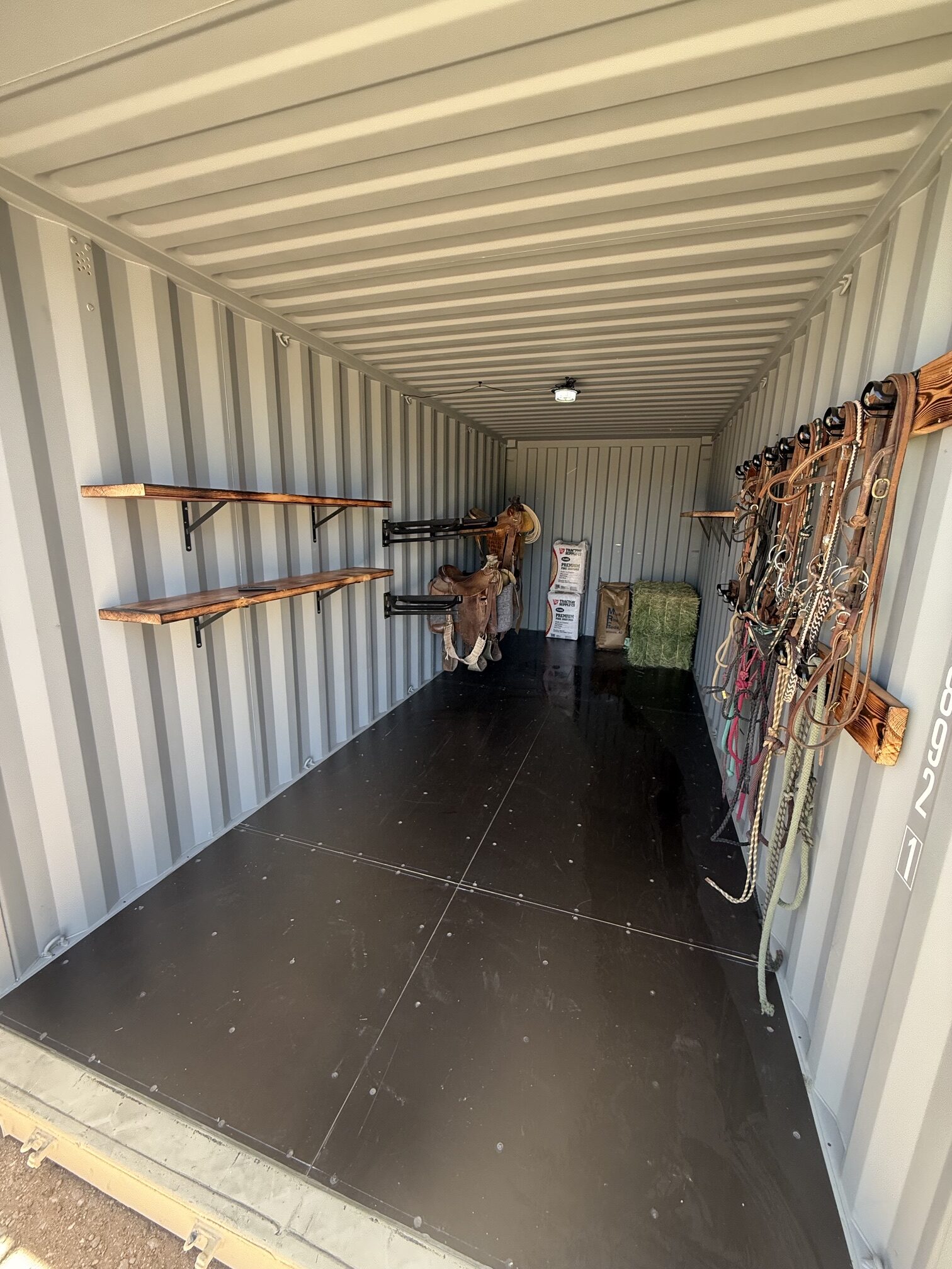 Interior of a 20-foot shipping container tack room with saddle racks, bridle hooks, halter hangers, shelving, and feed storage for Southern Arizona horse properties.