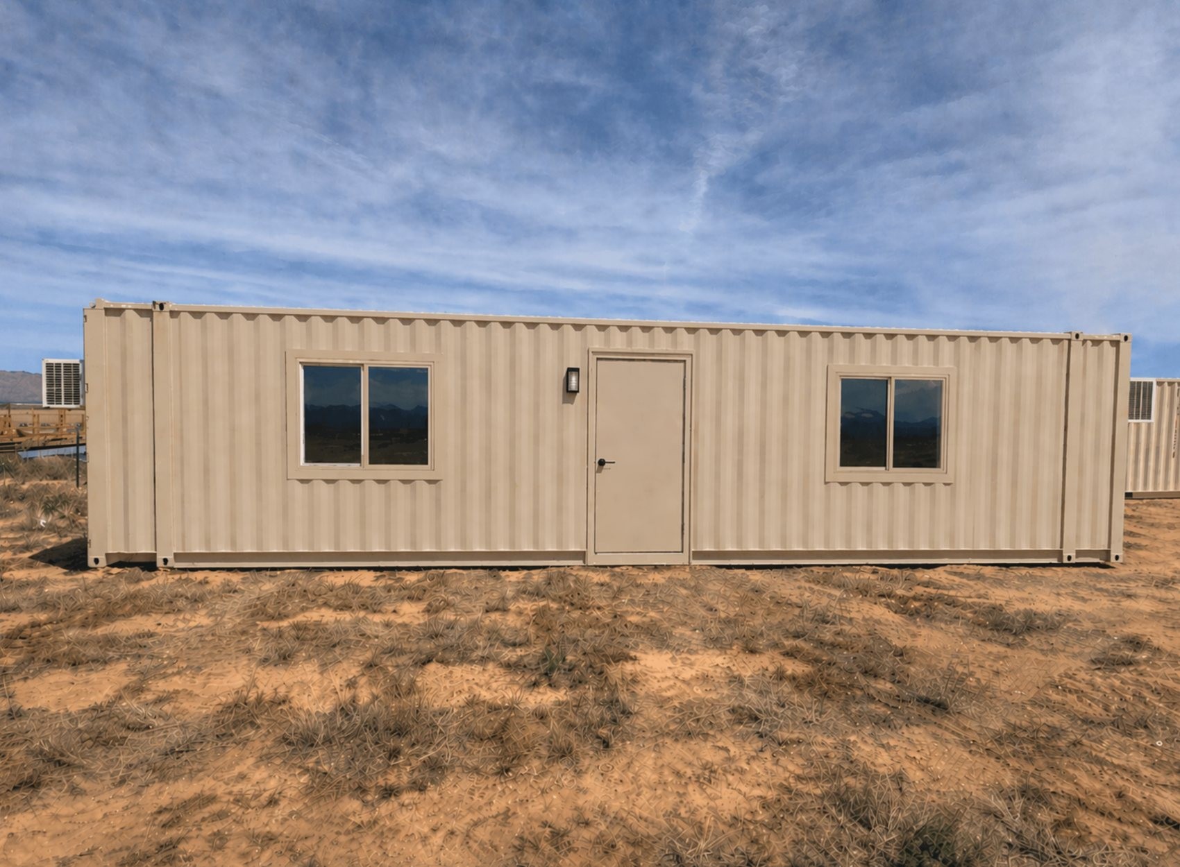45-foot mobile office shipping container with windows, man door, AC, and finished interior available for rent or purchase in Tucson and Southern Arizona.
