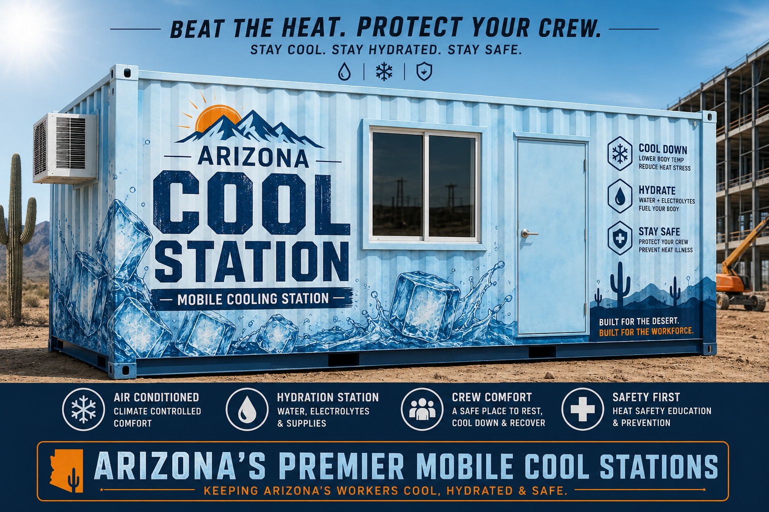 Arizona Cool Station rental unit providing mobile air-conditioned heat relief for construction and outdoor crews on jobsites in Tucson and Southern Arizona.