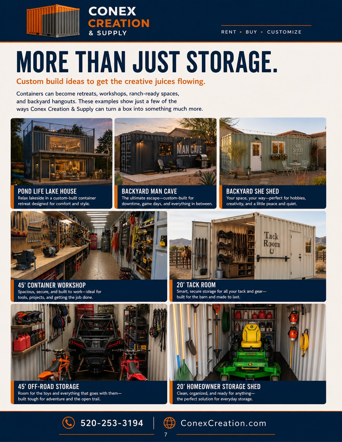 Custom shipping container builds from Conex Creation & Supply including mobile offices, workshops, tack rooms, and specialty storage for Tucson and Southern Arizona jobsites.