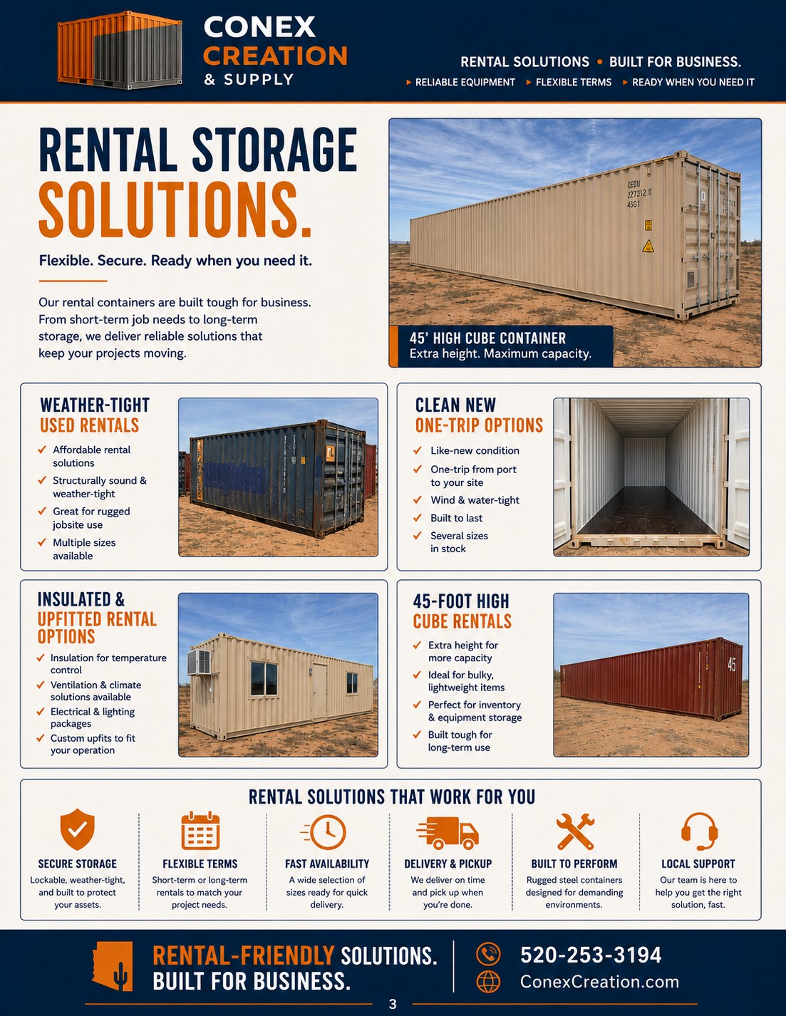 Shipping container rental options from Conex Creation & Supply serving Tucson, Pima County, and Southern Arizona jobsites, ranches, and businesses