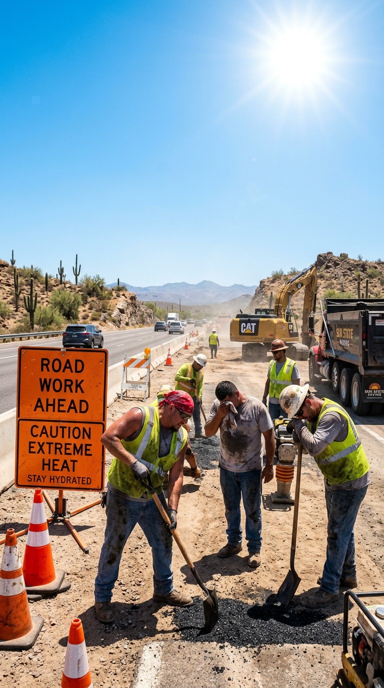 Road construction crew working under extreme Arizona heat, showing why mobile cooling station rentals are essential for Southern Arizona jobsites.
