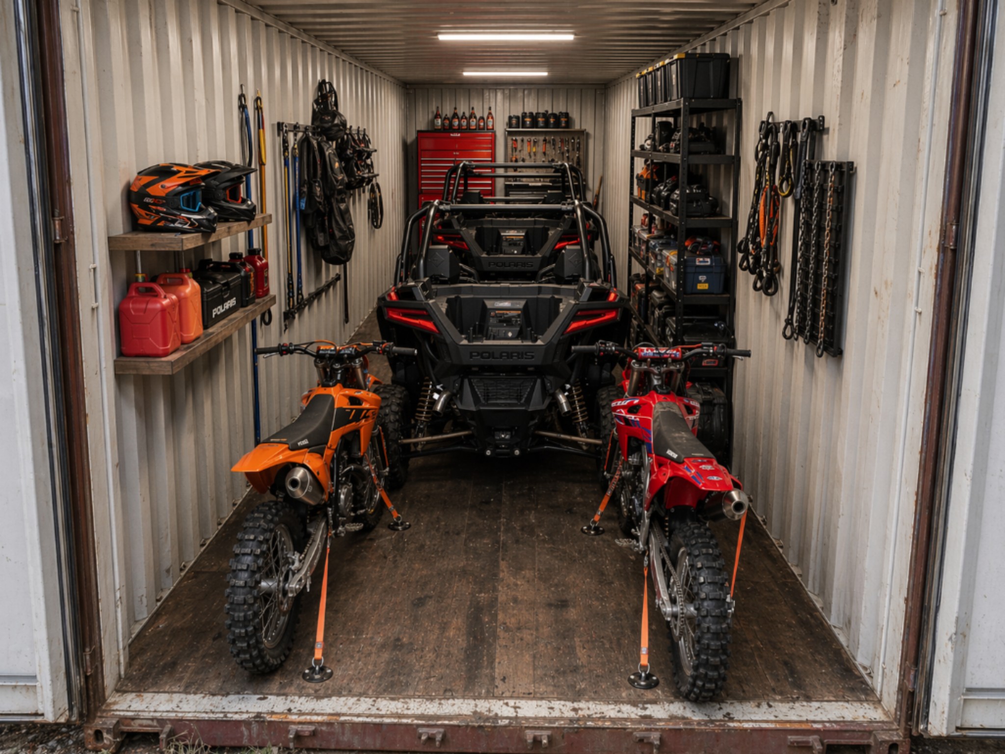 Shipping container used for off-road toy and gear storage in Southern Arizona, with dirt bikes, a side-by-side, tools, helmets, and fuel cans organized inside.