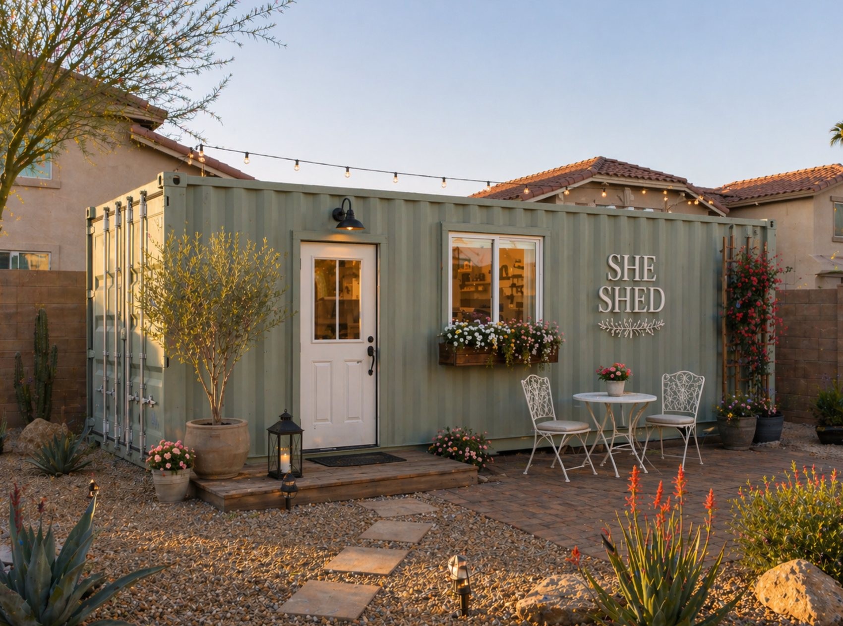 Custom shipping container converted into a backyard she shed or studio, showing how Conex Creation & Supply builds specialty container spaces for Southern Arizona customers.