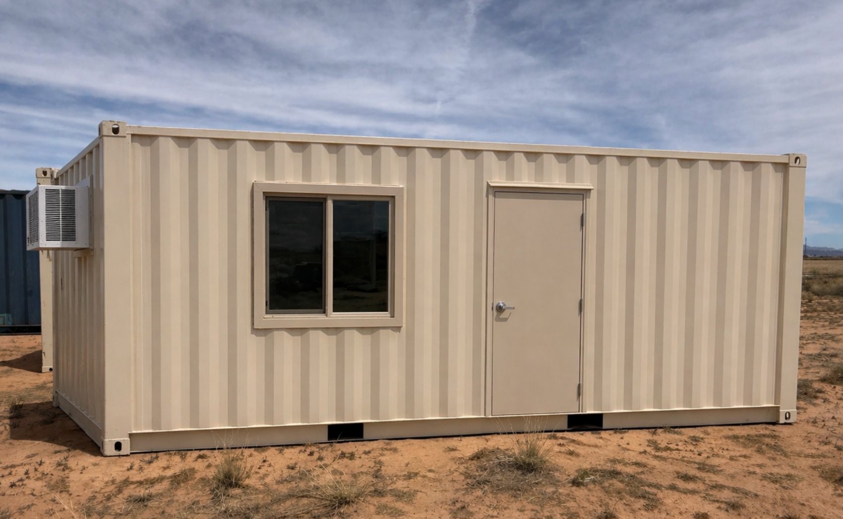 20-foot mobile office container exterior with man door, sliding window, and air conditioning unit ready for jobsite delivery in Southern Arizona.