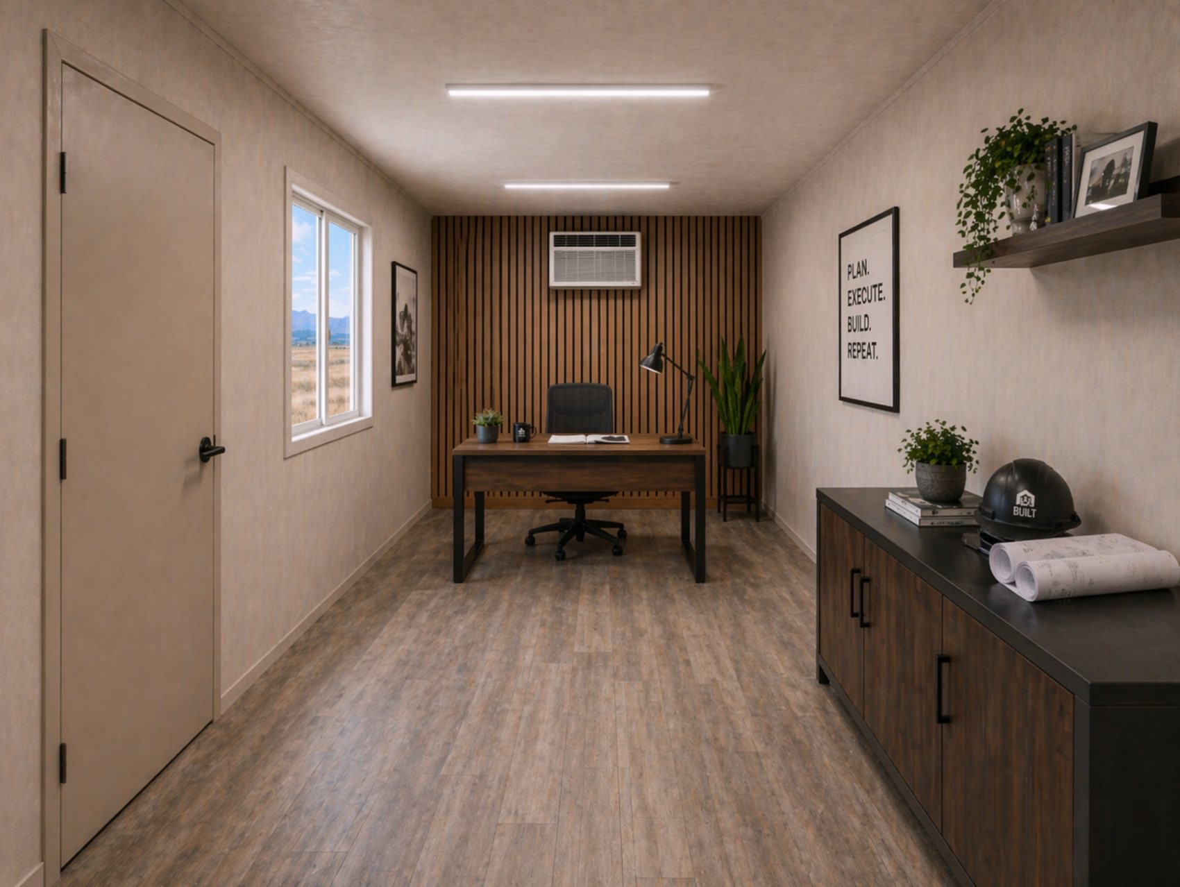 Finished 20-foot mobile office container interior with desk, LED lighting, A/C, and storage, available for custom builds and rentals in Tucson and Southern Arizona from Conex Creation & Supply.