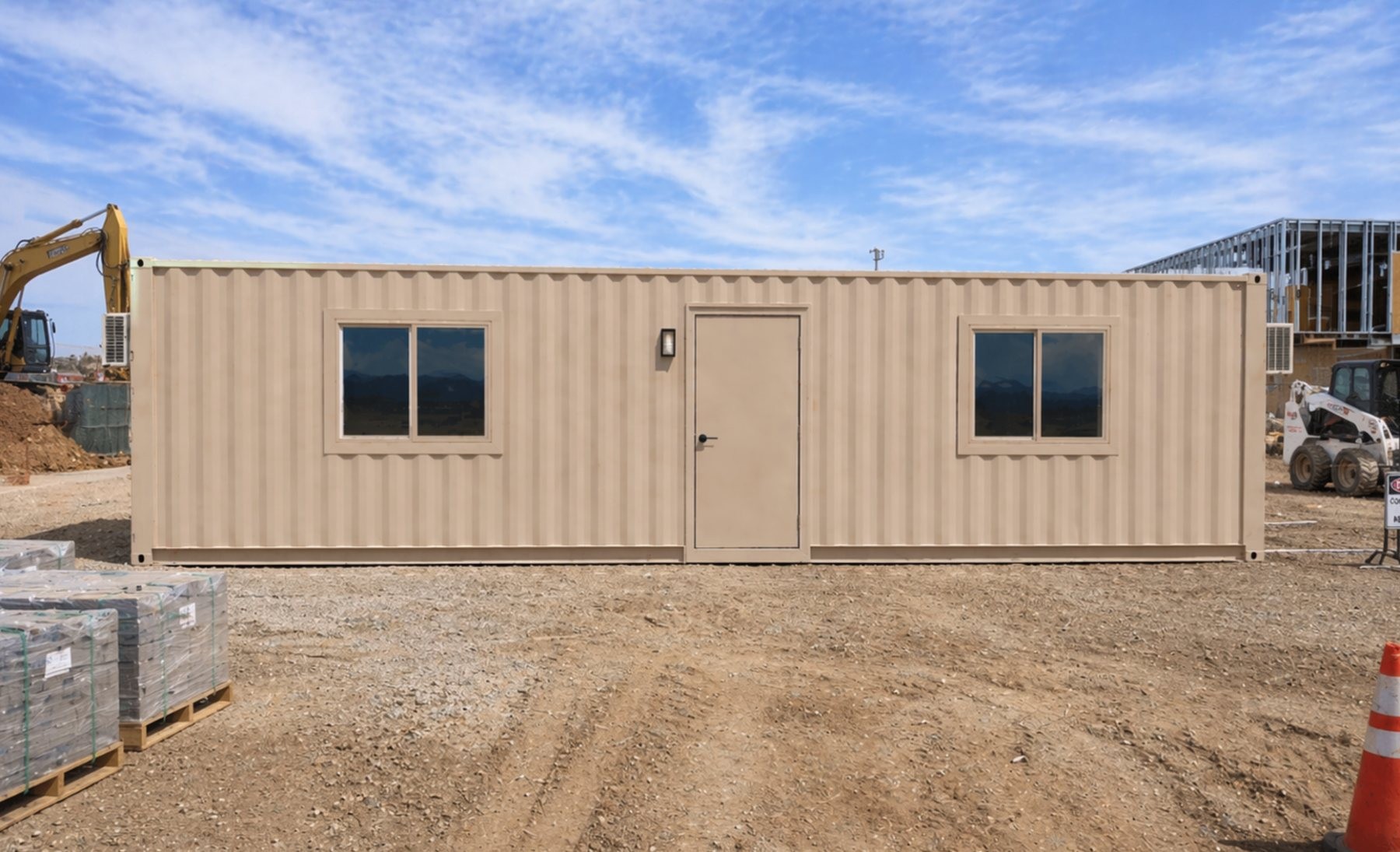 40-foot mobile office container exterior on a Southern Arizona jobsite, showing man door, sliding windows, and A/C units for field operations and crew use.