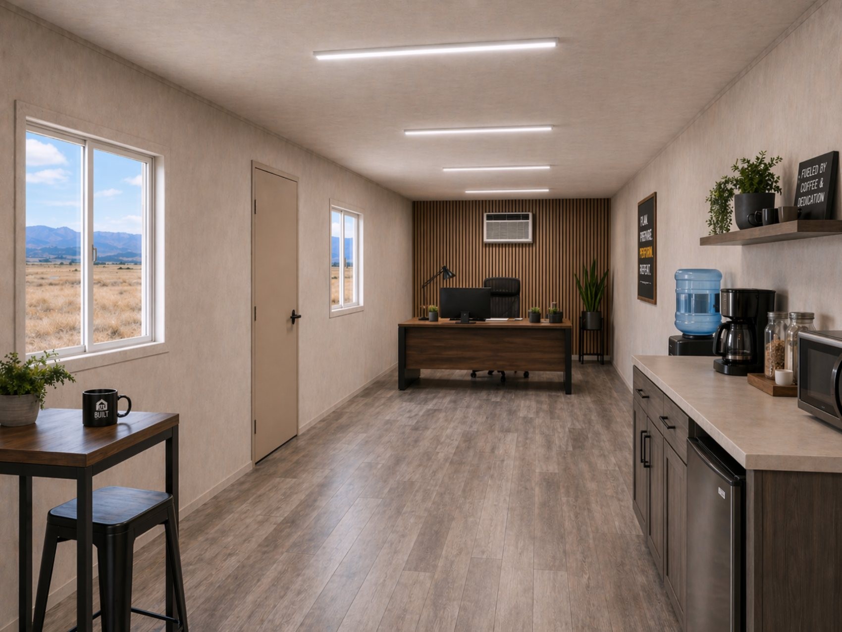 Finished 40-foot mobile office interior by Conex Creation & Supply with desk space, LED lighting, A/C, and kitchenette, available for sale or rent in Tucson and Southern Arizona.