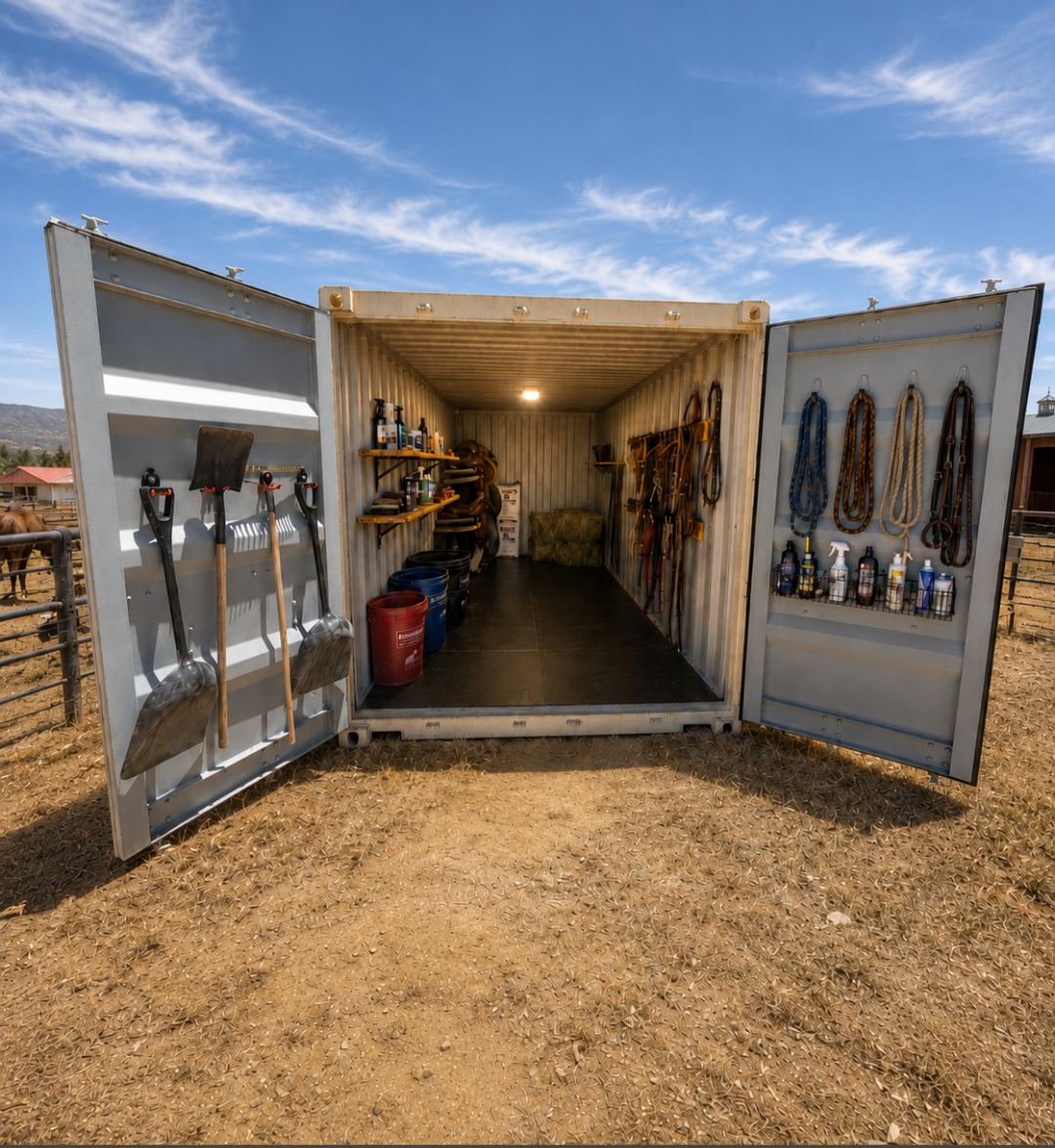 Interior of The Tack Shed shipping container tack room by Conex Creation & Supply showing saddle storage, bridle hooks, shelves, and tool storage for Southern Arizona ranches and horse properties.