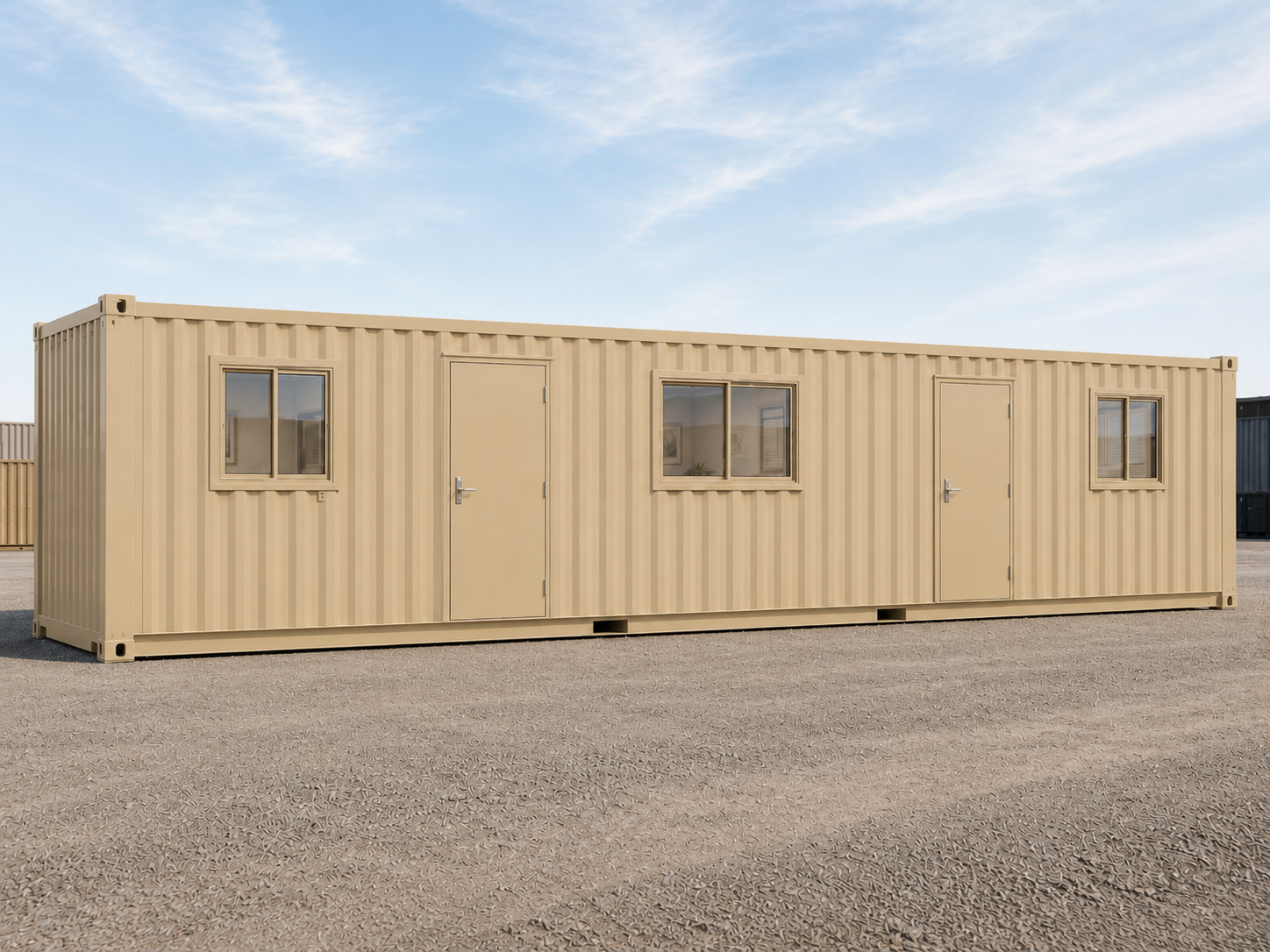 Custom 40-foot high cube shipping container office built for a power plant jobsite in Southern Arizona, featuring multiple man doors and windows for industrial use.
