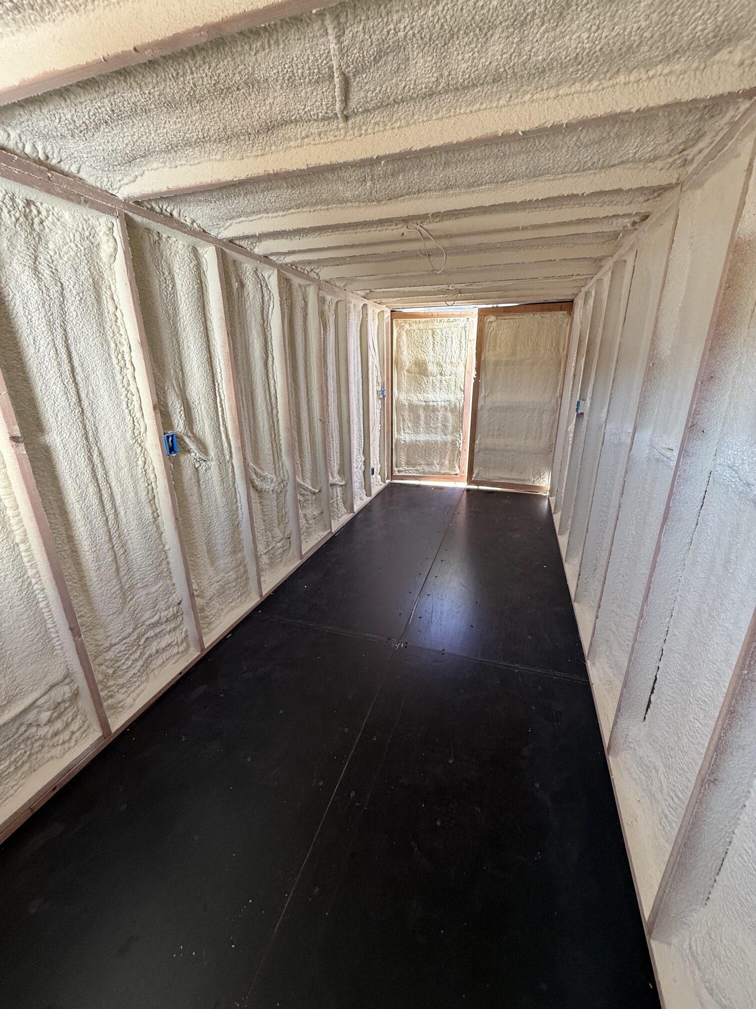 Interior build-out of a custom 20-foot container tack room with spray foam insulation, framing, and can lighting, built by Conex Creation & Supply for delivery to Arizona.