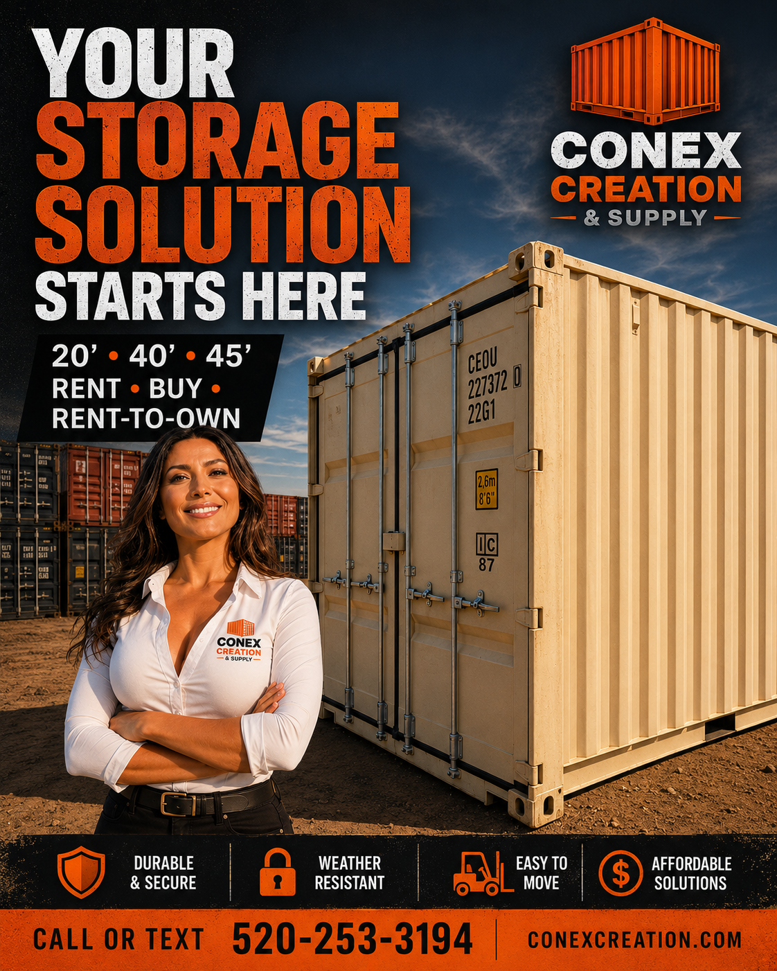 Shipping containers for sale in Tucson and Southern Arizona from Conex Creation & Supply, available in 20-foot, 40-foot, and 45-foot sizes with rent, buy, and rent-to-own options.