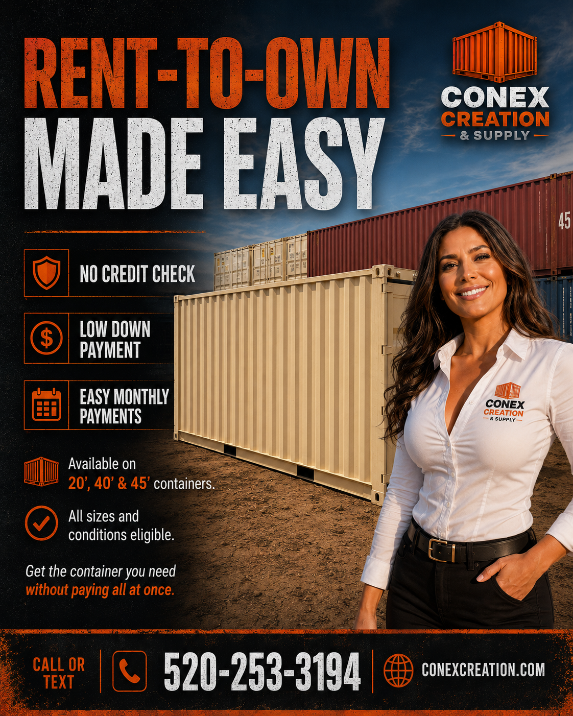 Conex Creation & Supply rent-to-own shipping container option available in Southern Arizona with no credit check and low monthly payments