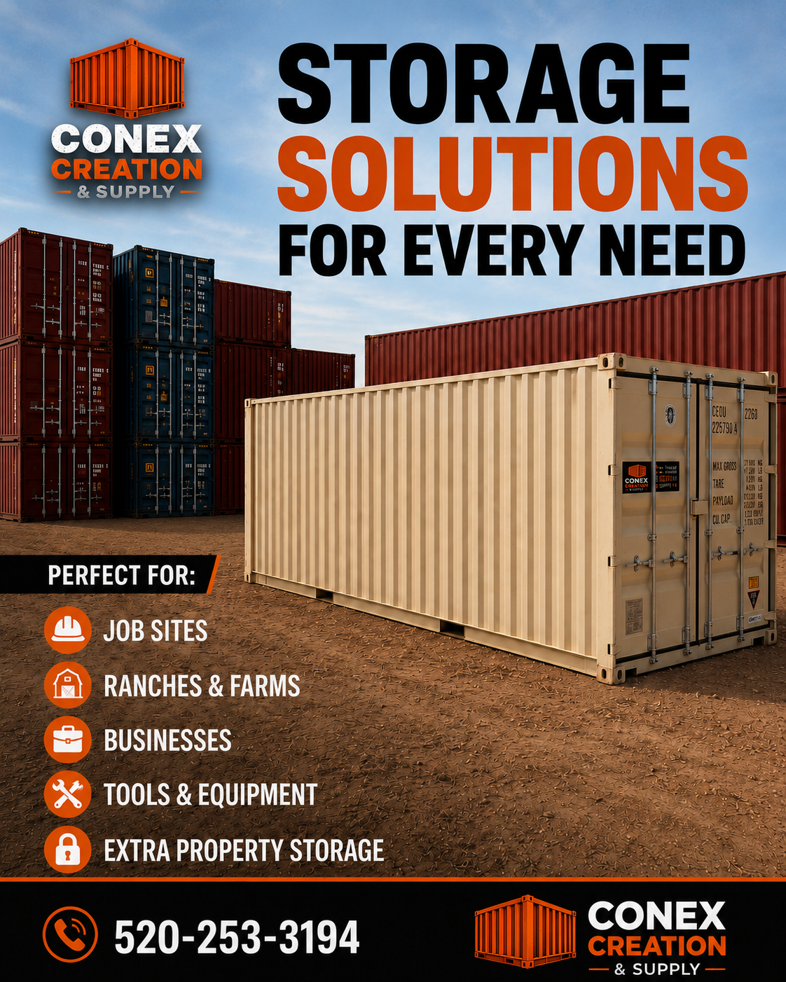 Shipping containers available for rent from Conex Creation & Supply for job sites, ranches, farms, and businesses in Tucson and Southern Arizona.