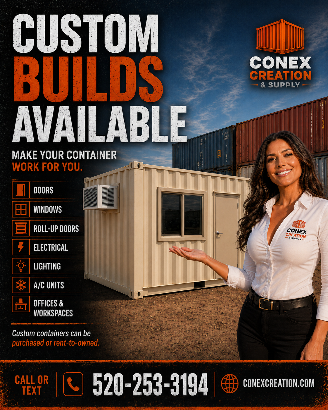 Custom shipping container build from Conex Creation & Supply with a man door, window, and AC unit, available for purchase or rent-to-own in Tucson and Southern Arizona.