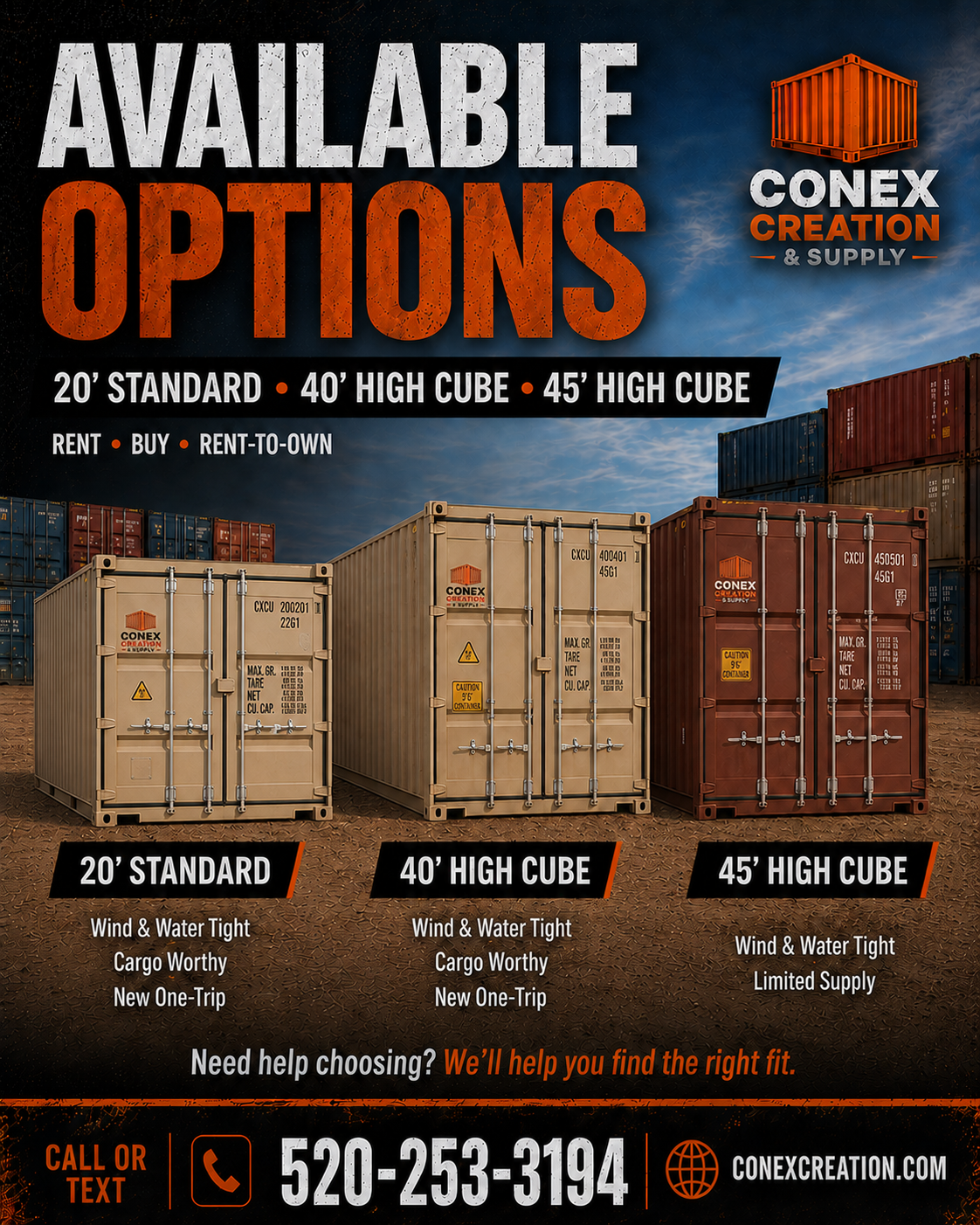 Shipping container size options from Conex Creation & Supply including 20-foot standard, 40-foot high cube, and 45-foot high cube containers available for rent, sale, or rent-to-own delivery in Southern Arizona.